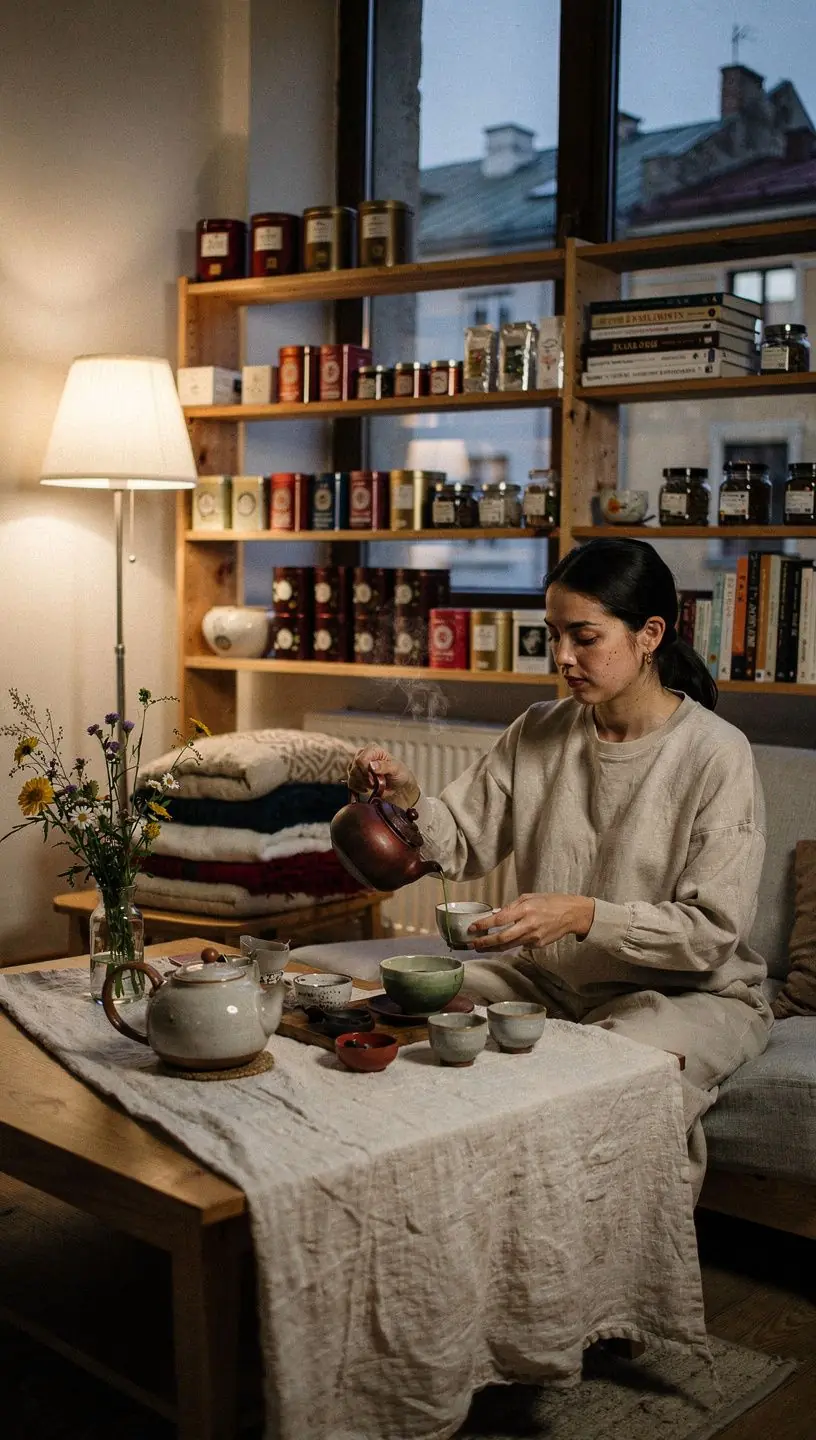 Arbatos puodelis ant stalo šalia atviro žurnalo apie arbatos naudą kasdieniam komfortui.